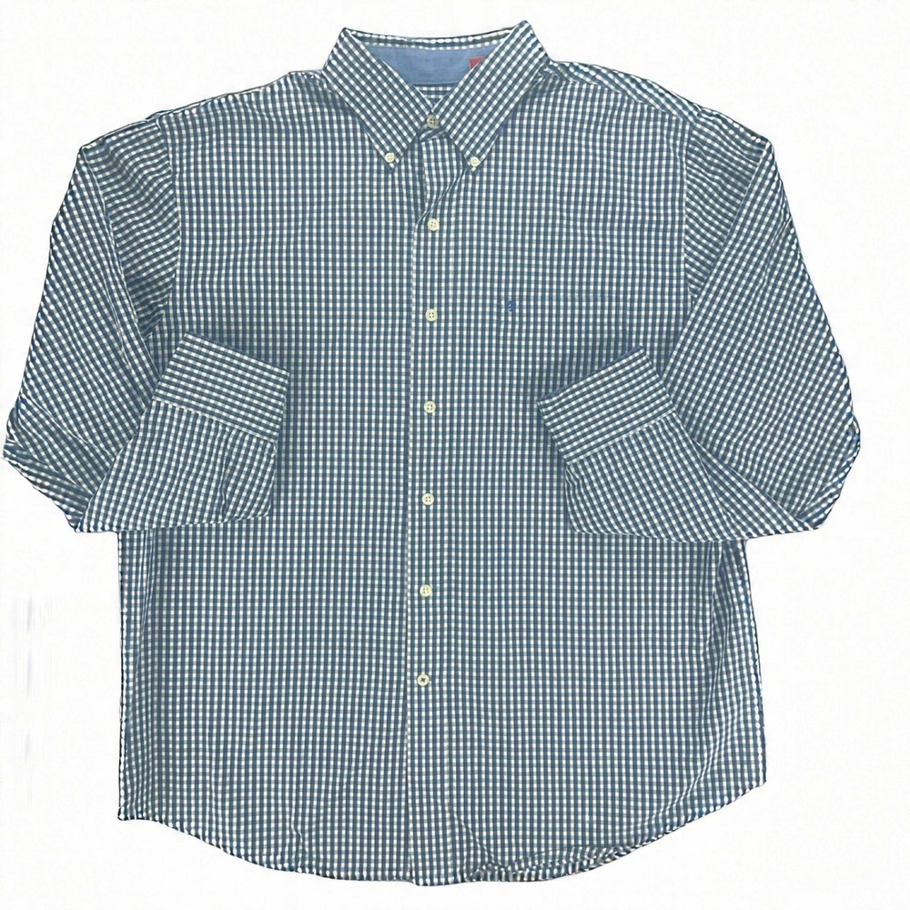 IZOD Checkered Button Down Shirt Long‎ Sleeve Classic Fit Blue Size Large